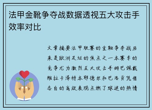 法甲金靴争夺战数据透视五大攻击手效率对比
